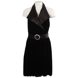 SUSAN ROSELLI FOR VIJACK Vtg 80s Dress Black Velvet Satin Halter Sleeveless Belt